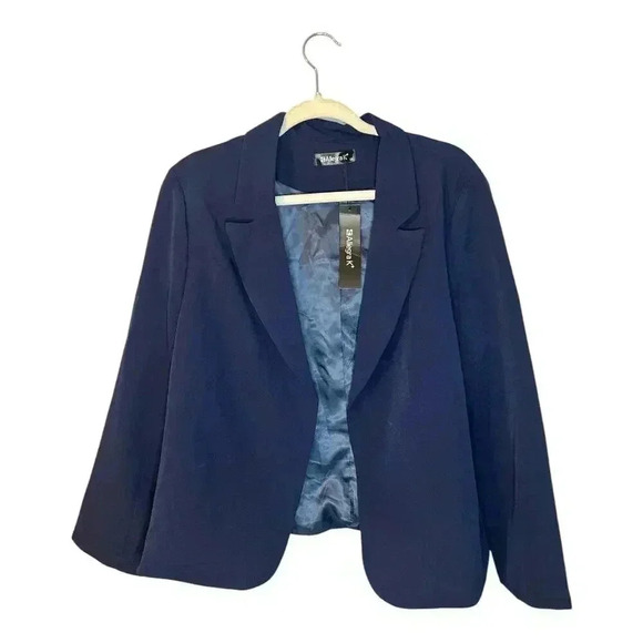 Allegra K Navy Blue Cropped Open Front Blazer, 1x - Picture 2 of 5